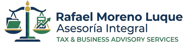 Logotipo de Rafael Moreno Luque Asesoría Integral con balanza y servicios de impuestos y negocios