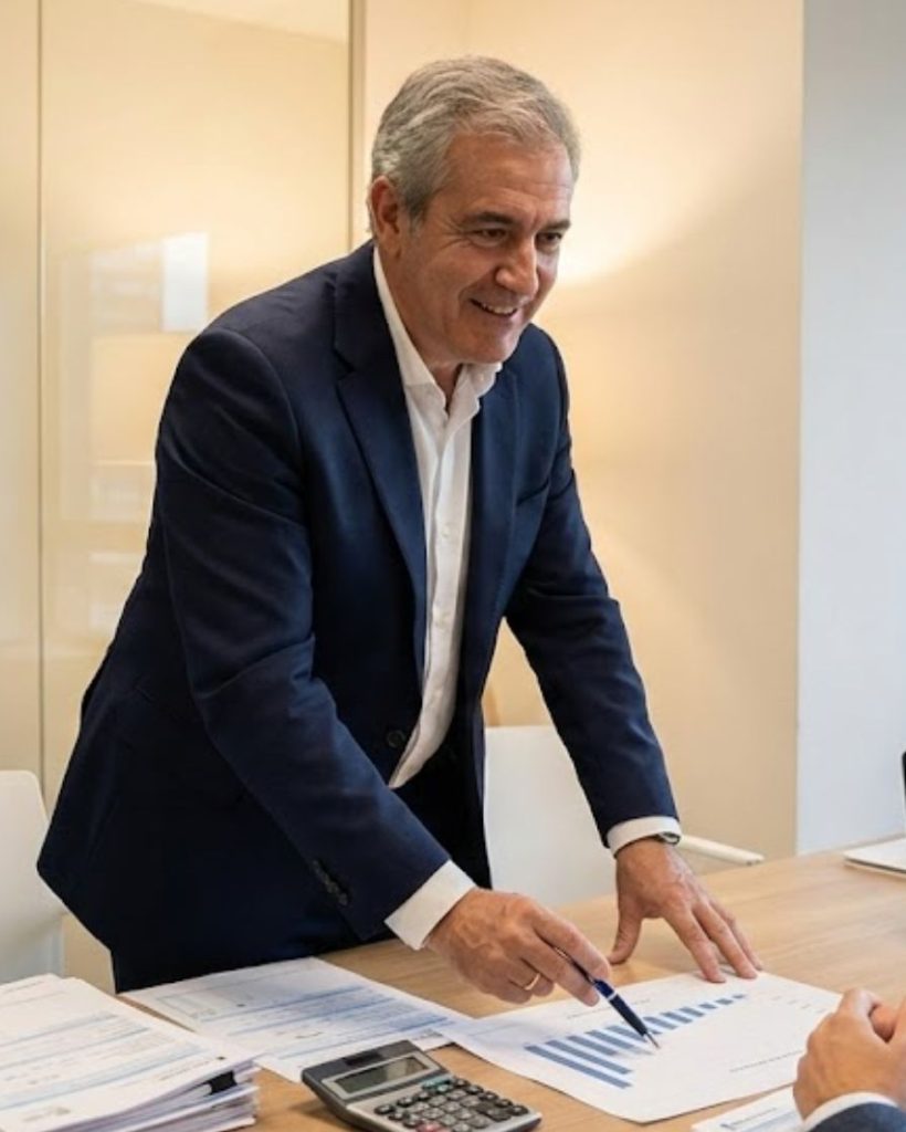 Dos ejecutivos de negocios discutiendo un gráfico en una reunión de oficina moderna.