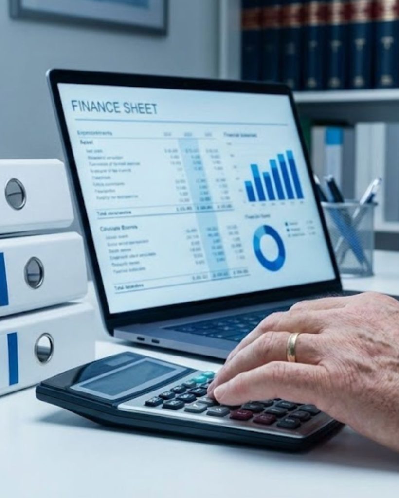 Oficina de contabilidad 2024 con carpetas y laptop mostrando hoja financiera