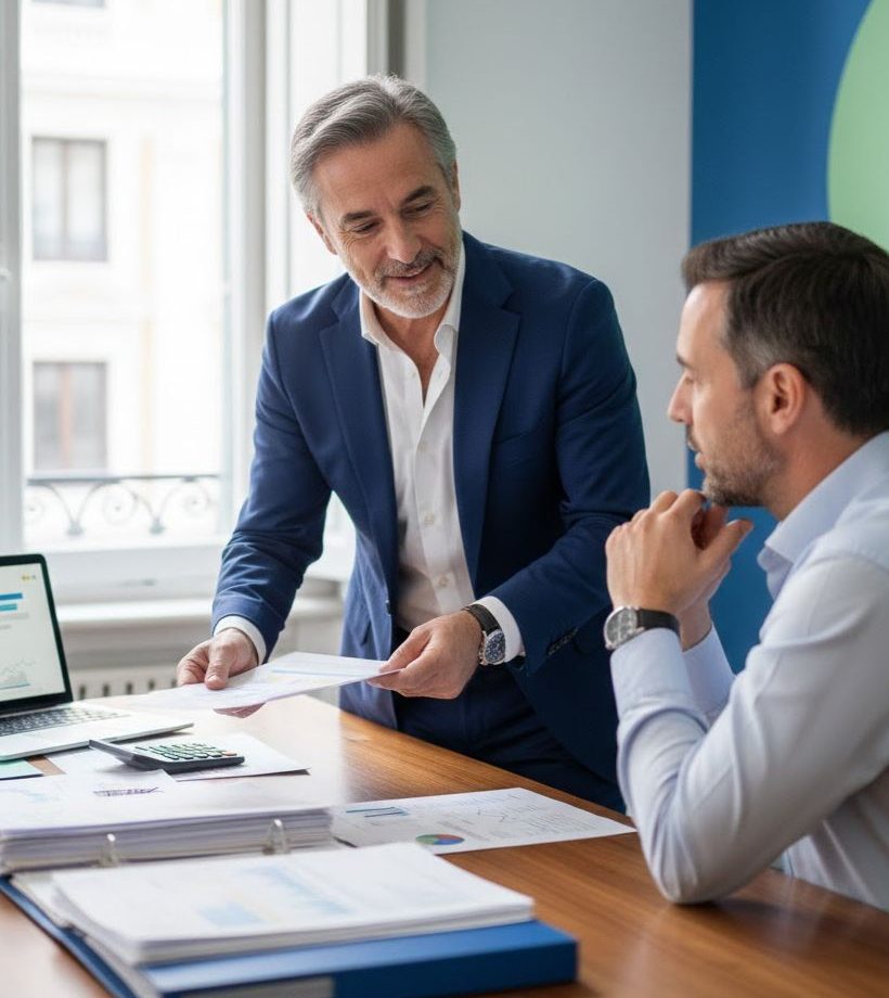 Dos hombres en una reunión de negocios con papeles y laptop en una oficina iluminada.