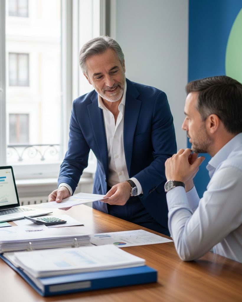 Dos hombres en una reunión de negocios con papeles y laptop en una oficina iluminada.