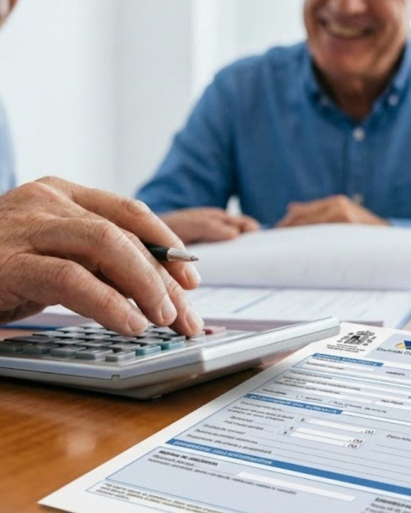 Dos hombres revisando documentos fiscales con el formulario Modelo 100 sobre la mesa