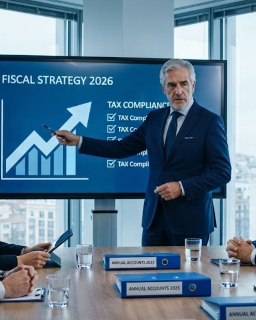 Ejecutivo presentando estrategia fiscal 2026 con gráficos en sala de reuniones corporativa