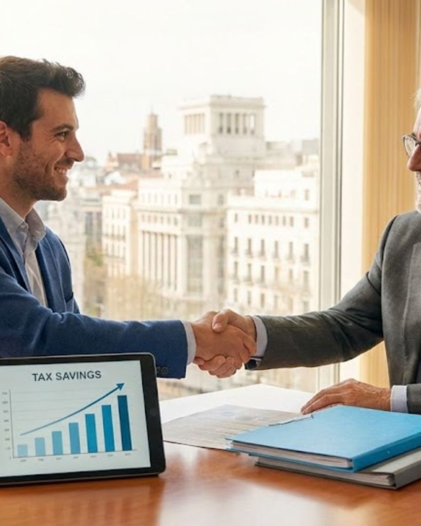 Dos hombres de negocios dándose la mano en una oficina con gráficos de ahorro fiscal en una tablet y carpetas etiquetadas como consultoría y proyectos 2024.