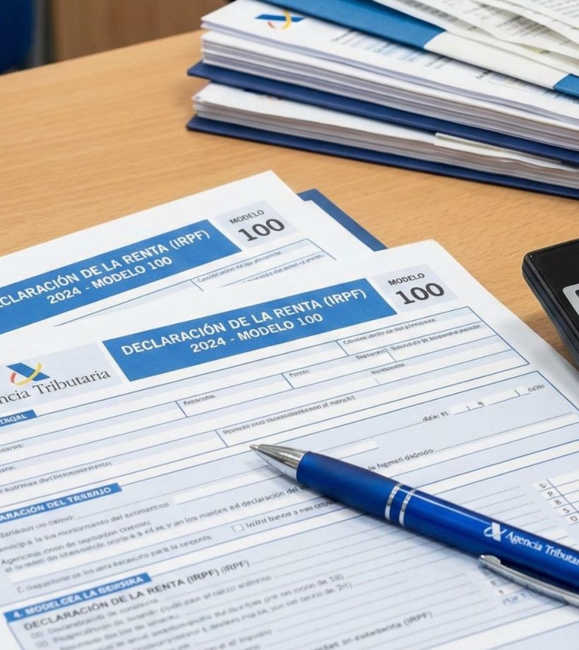 Formulario de declaración de la renta IRPF 2024 con bolígrafo y calculadora sobre escritorio.